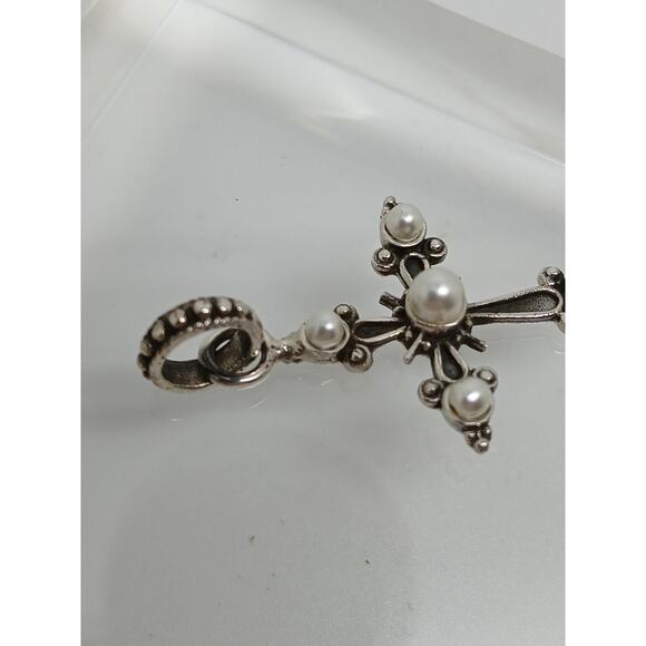 Vintage Sterling Silver Cross Pendant Necklace Enhancer Faux Pearl Designer - Picture 4 of 9